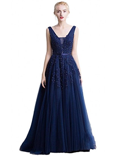 Babyonline Women's Double V-neck Tulle Appliques Long Evening Cocktail Gowns