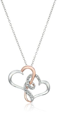 Rhodium, Rose Gold Plated Sterling Silver White Swarovski Crystal Swirly Double Open Hearts Pendant Necklace, 18"