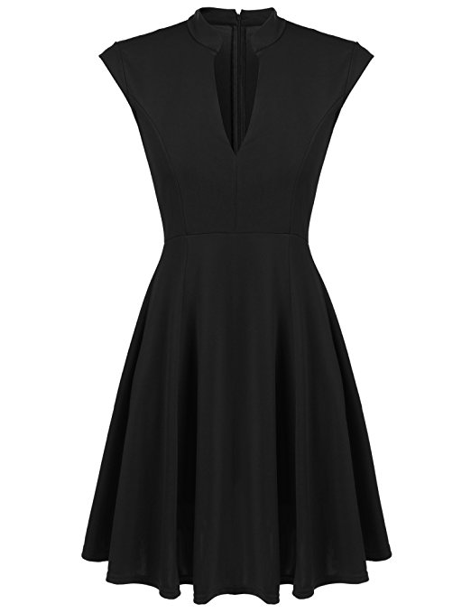 ACEVOG Women Cap Sleeve V Neck Pleated Skater Cocktail Dress