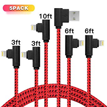 3FT 3FT6FT 6FT 10FT 5 Pack iPhone Charger 90 Degree Right Angle Fast Data Cable Nylon Braided Compatible with iPhone Xs Max/XS/XR/7/7Plus/X/8/8Plus/6S/6S Plus/SE(red-Black)
