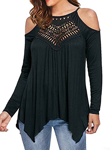 CCBETTER Long Sleeve Shirts for Women Summer Cold Shoulder Tops Casual Crew Neck T-Shirt Lace Tunic Tops