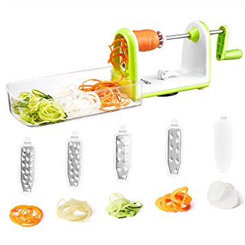 Deik Vegetable Slicer, 5-Blade Spiralizer, Vegetable Cutter with Catch & Store Container, Heavy Duty BPA FREE Spiral Slicer and Mandoline Slicer for Low Carb/Paleo/Gluten-Free Meals