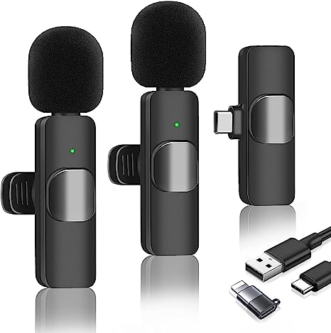 Wireless Lavalier Microphone, Wireless Microphones for iPhone/Android/iPad/Laptop, Clip on Microphone Plug-Play and Noise Reduction, 2 Pack Lapel Mic for Recording, Live Streaming (Black)