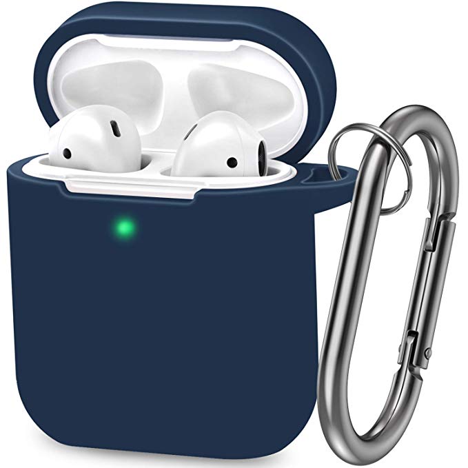 AirPods Case, ATUAT Silicone Cover with U Shape Carabiner,360°Protective,Dust-Proof,Super Skin Silicone Compatible with Apple AirPods 1st/2nd (Dark Blue)