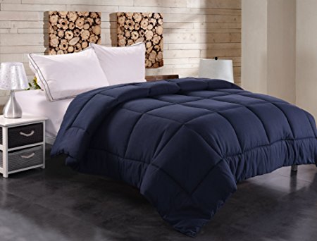 Toodou Soft Thick Quilt Down Alternative Queen Comforter For All Season, Luxury Hotel Collection Reversible Duvet Insert With Corner Tab, Navy Blue