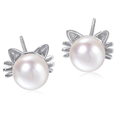 Meow Star Cat Earrings AAA  Freshwater Cultured Pearl Studs S925 Sterling Silver Whisker Cat Jewelry
