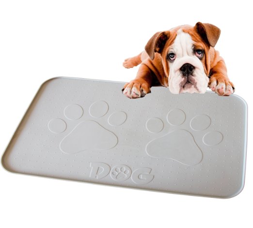 iPrimio® Large Dog Feeding Mat with Paw Logo. Premium FDA Silicone (Gray - 22" X 14") Perfect Size. Hygienic and Safe for Allergic Dogs. Dishwasher Safe. Aniti Spill Edge. No Slip.
