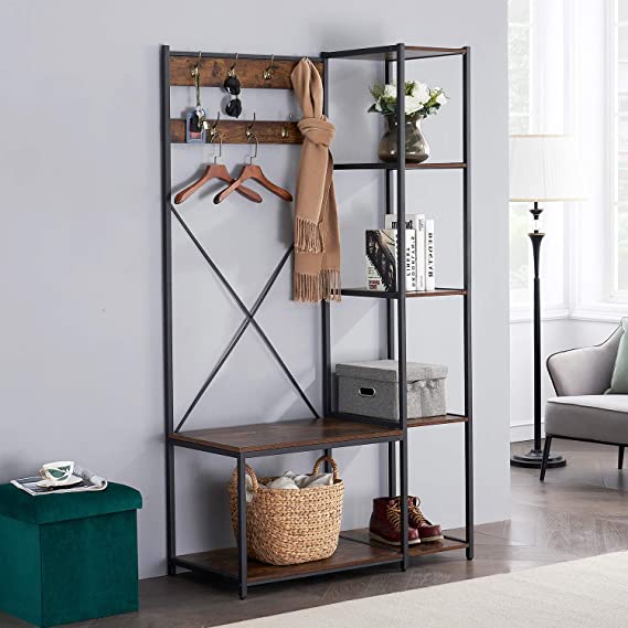 VECELO Coat Rack Bench Hall Tree with 7 Hooks Entryway Storage 4 Shelves and 1-Tier Shoe Shelf,Wood Look Accent Furniture Metal Frame,4 in 1 Design, Easy Assembly,Brown