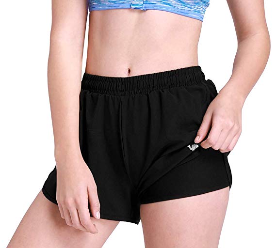 CAMEL Women's Running Shorts 3'' Athletic Shorts Double Layer Elastic Waistband Sport Shorts for Workout Fitness Gym Training