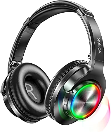 Bluetooth Headphones with RGB Light, Vogek Stereo Wireless Headphones Over Ear with Built-in Mic, Deep Bass and 40H Playtime, Lightweight Foldable Headset with Wired Mode for Travel Home Office Game