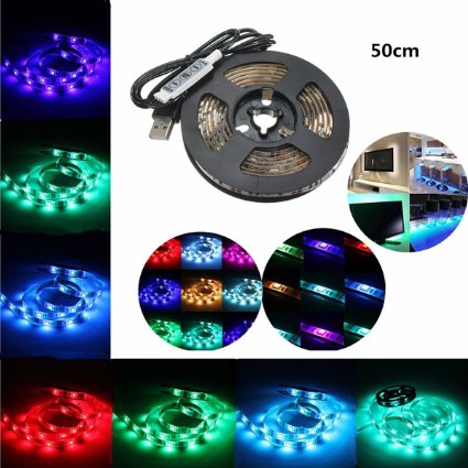 GLISTENY USB RGB LED Strip Light IP65 Waterproof Decorative Flexible Lights String for TV Backlight Laptop Notebook 50-200cm with USB cable DC5V RGB 50cm