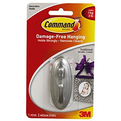 Command Traditional Plastic Hook, Medium, Brushed Nickel, 1-Hook (17051BN-ES)