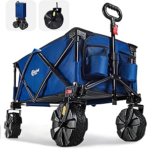 PORTAL Folding Beach Trolley Festival Camping Trolley Cart with All Terrain Big Wheels Heavy Duty Garden Trolley with Quick-release Wide Wheels Collapsible Pull along Wagon Trailer Supports 102kg