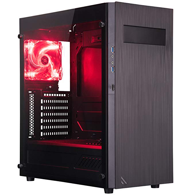 ROSEWILL ATX Mid Tower Gaming Computer Case with Tempered Glass, Computer Gaming Case with Window for Desktop/PC Including 2X 120mm Case Fan, 2X USB 3.0 Ports & HDMI Port for VR Games, Black/Red