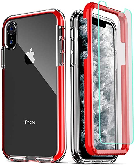 COOLQO Compatible for iPhone XR Case, with [2 x Tempered Glass Screen Protector] Clear 360 Full Body Coverage Hard PC Soft Silicone TPU 3in1 Heavy Duty Shockproof Defender Phone Protective Cover Red