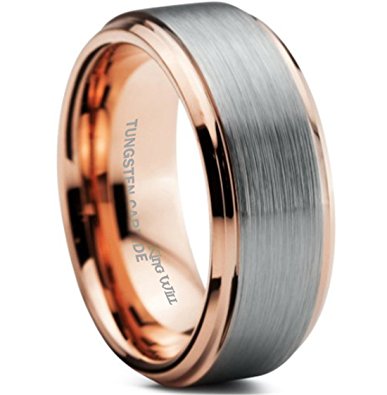 King Will 8mm Tungsten Carbide Wedding Band for Men 18K Rose Gold Plated Beveled Polished Comfort Fit