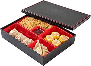 Restaurantware Bento Tek Rectangle Black & Red Small Japanese Style Bento Box - 5 Compartments - 10 3/4" x 8 1/4" x 2 1/4" - 1 count box