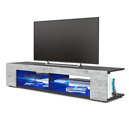 Vladon TV Unit Stand Movie, Carcass in Black matt/Front in Concrete Grey Oxid with LED lighting in Blue