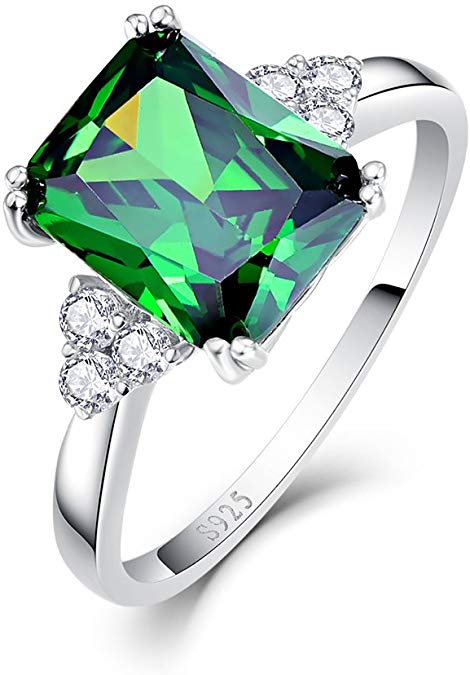 BONLAVIE Women's 5.3ct Emerald Cut Created Green Emerald 925 Sterling Silver Engagement Ring