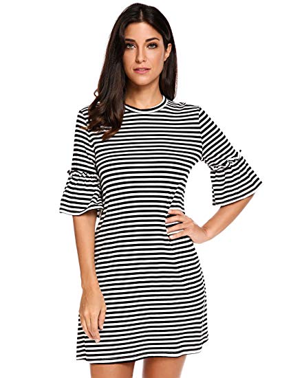 Beyove Women's Flare Half Sleeve Striped Loose Tunic T Shirt Dress Knee Length