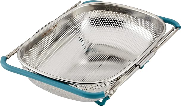 Rachael Ray Tools and Gadgets Over-The-Sink Colander/Strainer, 4.5 Quart, Stainless Steel with Agave Blue Handles