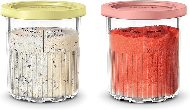 Ninja Creami Pints 2 Pack, Compatible with NC500 Series Creami Ice Cream Makers, BPA-Free & Dishwasher Safe, Color Lids, 1 Pint Each, Clear/Coral/Yellow, XSKPNTLD2​