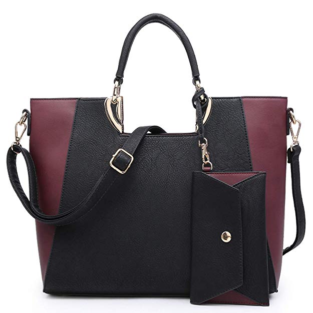 Womens Large Two Tone Handbag Structured Tote Fashion Satchel Bag Shoulder Bag with Matching Wallet