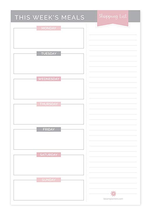 bloom daily planners Grey & Pink Weekly Meal Planning Pad - Tear Off Meal Planner with Perforated with Magnets, Tear Off Shopping List - 6" x 9" - Neutral