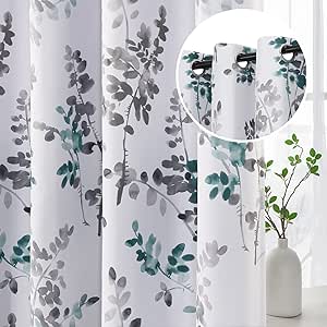 H.VERSAILTEX Room Darkening Curtains 63 Inches Long 2 Panels Floral Curtains and Drapes for Bedroom Light Blocking Thermal Insulated Grommet Window Curtains for Living Room, Grey and Teal, 2 Panels