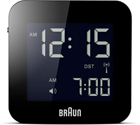 Braun Digital Multi-Region Radio Controlled Travel Clock with Snooze, Compact Size, Negative LCD Display, Quick Set, Beep Alarm in Black, Model BNC008BK-RC