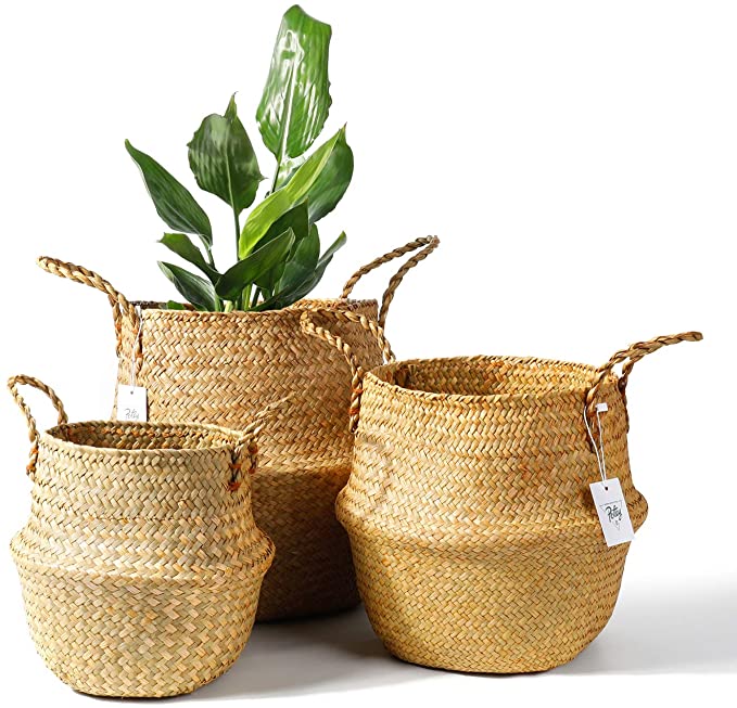 POTEY 730101 Seagrass Plant Basket Set of 3 - Hand Woven Belly Basket with Handles, Large Storage Laundry Picnic Plant Pot Cover Home Decor & Woven Straw Beach Bag (S M L, Original Brown)