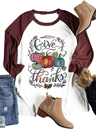 Thanksgiving Give Thanks Shirts Tee Women Halloween Pumpkin 3/4 Sleeve Tee Tops Blouse