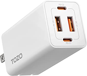 TOZO C2 USB C 65W Fast Foldable Wall Charger PD Power Adapter 4 Ports Compatible with MacBook Pro/Air, iPad Pro, USB-C Laptops, iPhone 14/13/12/Pro/Pro Max, Samsung S22/21, White(Cable not Included)