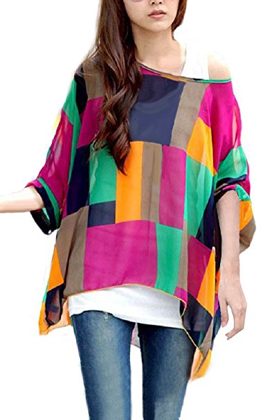 iNewbetter Womens Floral Batwing Sleeve Beach Loose Blouse Tunic Tops