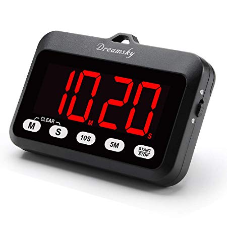 DreamSky Digital Kitchen Timer with Large Red Digit Display, Loud Alarms with Volume Adjustable (High/Low), Count Up & Down, Magnetic Back Stand, Battery Operated, Easy Operation, Black