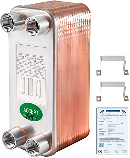 BestEquip Heat Exchanger 3"x7.5" 30 Plates Brazed Plate Heat Exchanger 316L 1/2" BSP FPT Heat Exchanger 4.5 Mpa Beer Wort Chiller for Hydronic Heating