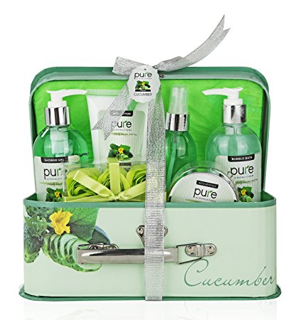 Cooling Cucumber Complete Spa-At-Home Kit! Spa Basket with Full Sized Bottles for Hydrated & Glowing Skin! Bubble Bath Giftset for Mom. Best Spa Gift Basket for Men & Women. Thank You Gift for Teacher