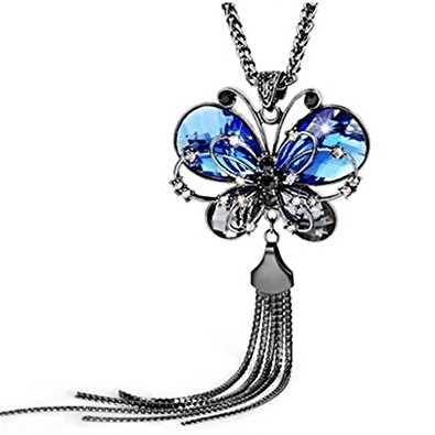 Sansar India Antique Style Butterfly Blue Crystal Long Chain Pendant Tassel Necklace for Girls and Women