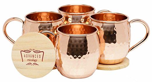 Advanced Mixology Moscow Mule 100% Pure Copper Mugs (Set of 4)- 16 Ounce with 2 Artisan Hand Crafted Wooden Coasters-Classic (Barrel)