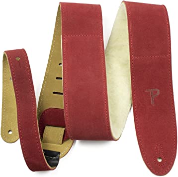 Perri’s Leathers Ltd.- Guitar Strap - Suede - Sheepskin Pad– Red - Adjustable - for Acoustic / Bass / Electric Guitars – Made in Canada (DL325S-203)