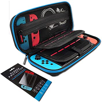 Carry Case & Screen Protector Compatible with Nintendo Switch, Protective Travel Hard Case (20 Card Holders, Large Capacity, No Stuck Zipper)   1PCS Tempered Glass Screen Protector, Blue