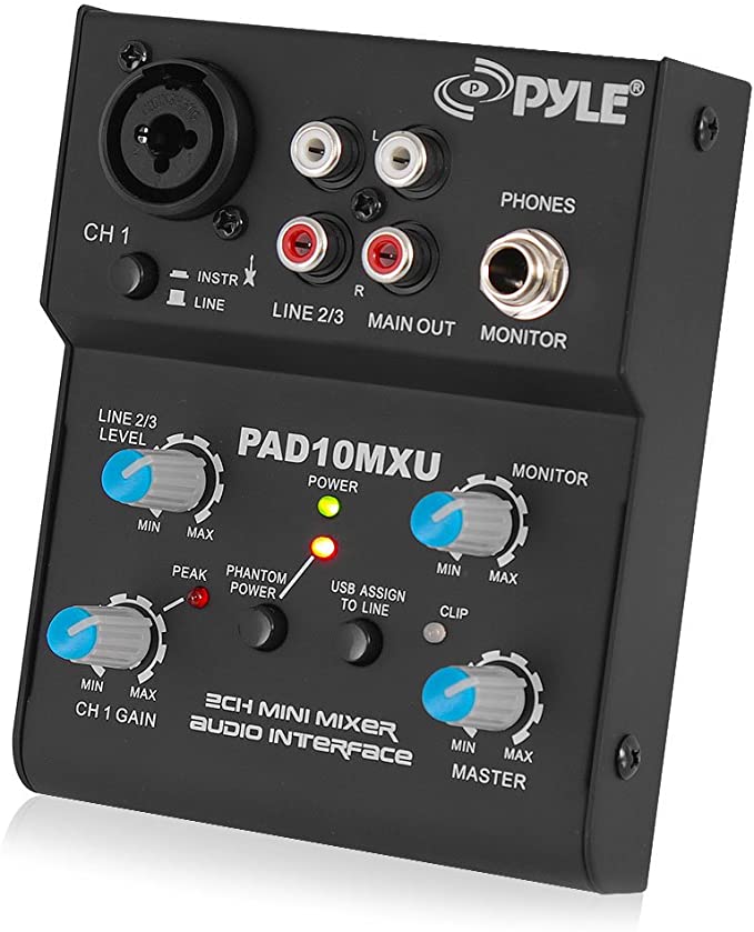 Pyle 2-Channel Audio Mixer - DJ Sound Controller Interface with USB Soundcard for PC Recording, XLR and 3.5mm Microphone Jack, 18V Power, RCA Input and Output for Professional and Beginners - PAD10MXU