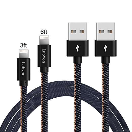 Labvon iPhone USB Cable 2-Pack 3ft 6ft Hand-sewn Cowboy Leather Charge and Sync Cable for iPhone 7/6s plus/5c/5s/iPad Air/Mini/iPod Nano/Touch and Compatible with OS 8 9 10 (Blue)