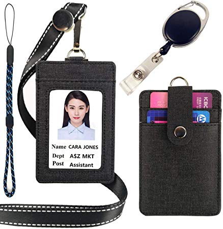 Lucstar ID Badge Holder with Lanyard Retractable Reel Clip, 2 Back Slots Security Snap, Durable PU Leather Linen Finish, Cute Design Card Holder for Women Men Work/Student ID Card