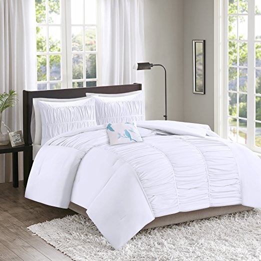 Comfort Spaces – Montana Comforter Set - 3 Piece – White – Ruched Pattern – Twin/Twin XL size, includes 1 Comforter, 1 Sham, 1 Decorative Pillow