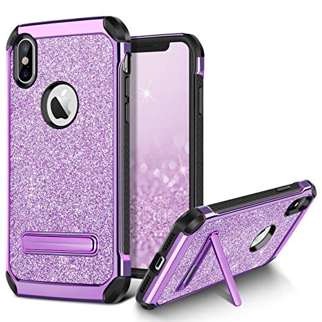 iPhone X Case,iPhone XS 2018 Glitter Case,BENTOBEN Bling Hybrid Hard Cover Laminated with Luxury Shiny Leather Shockproof Bumper Protective Phone Case with Kickstand for iPhone X/iPhone XS 2018,Purple