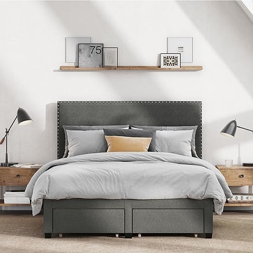 DG Casa Lucas Upholstered Storage Platform Bed Frame with 4 Drawers, Nailhead Trim Headboard and Full Wooden Slats, Box Spring Not Required - Queen Size - Grey