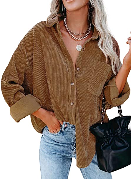 Dokotoo Womens Corduroy Button Down Shirts Boyfriend Long Sleeve Oversized Blouses Tops