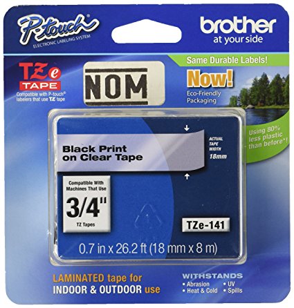 Brother Tape, Retail Packaging, 3/4 Inch, Black on Clear (TZe141) - Retail Packaging