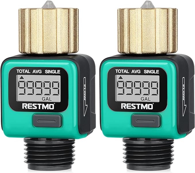 [2 Pack] RESTMO Heavy Duty Water Flow Meter, Pure Brass Inlet | Metal Thread | 4 Measure Modes | Display Gallon/Liter Usage and Flow Rate | Ideal to Track Outdoor Garden Hose Watering